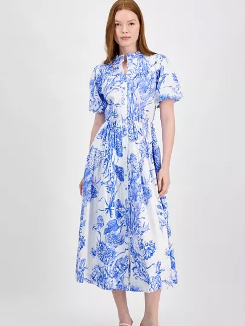 T Tahari Women's Puff-Sleeve Button-Front Midi Dress